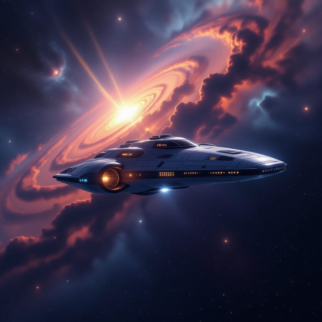 Majestic Spaceship in Cosmic Nebula, Hyperrealistic Style