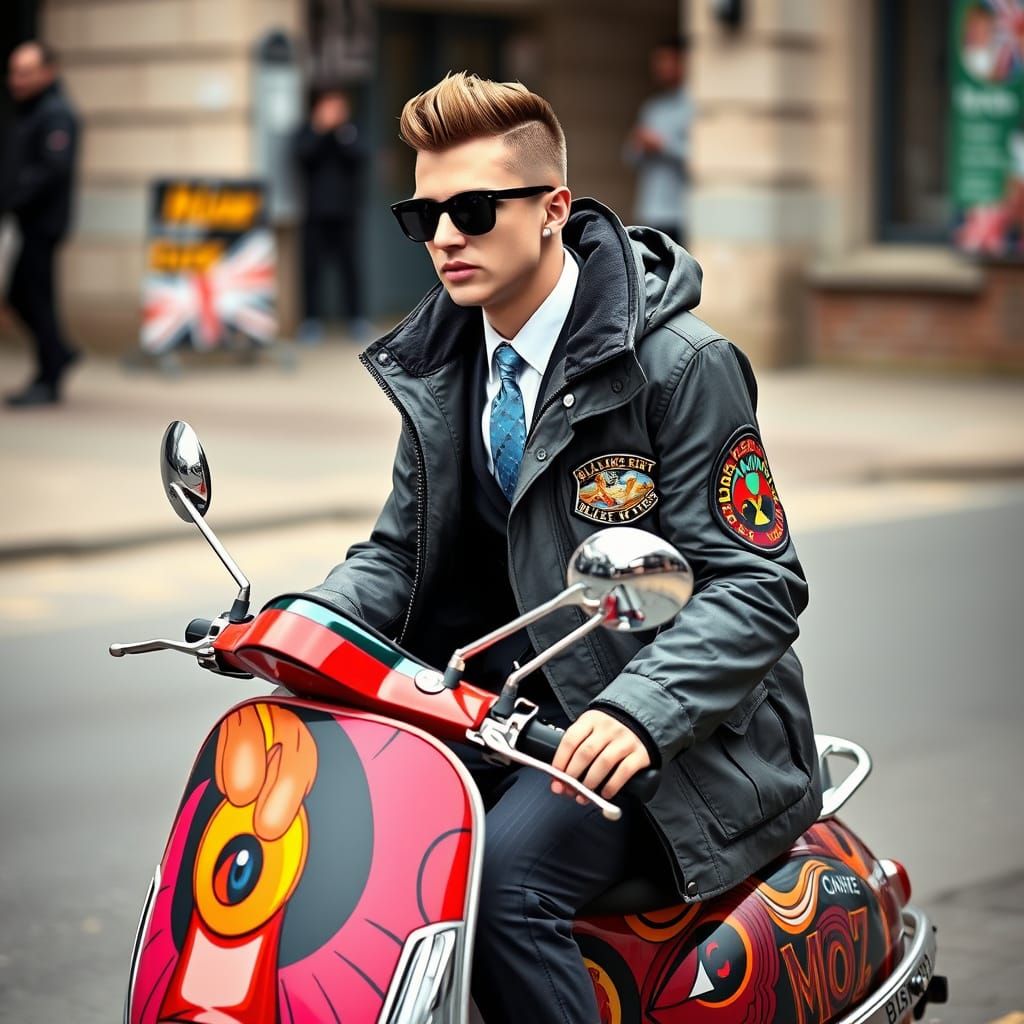 Mod wearing a parka on a mod scooter wrapped in "blackened b...