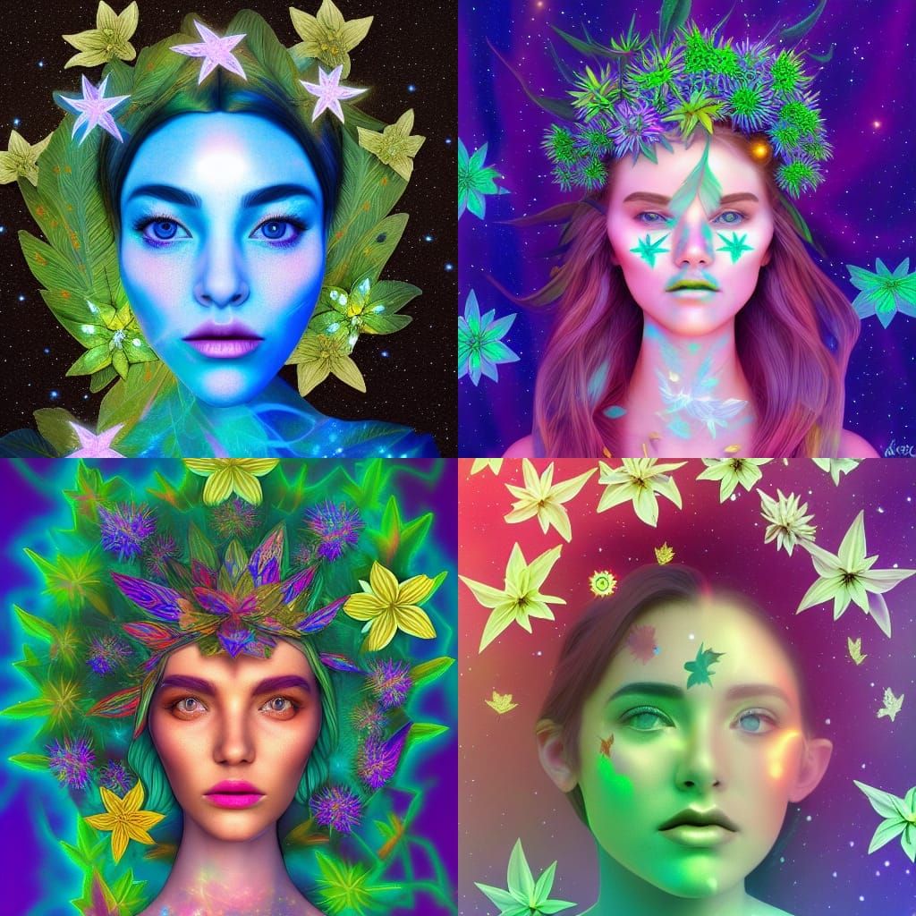 Leaf Princess with Star Flowers in Cosmic Illustration