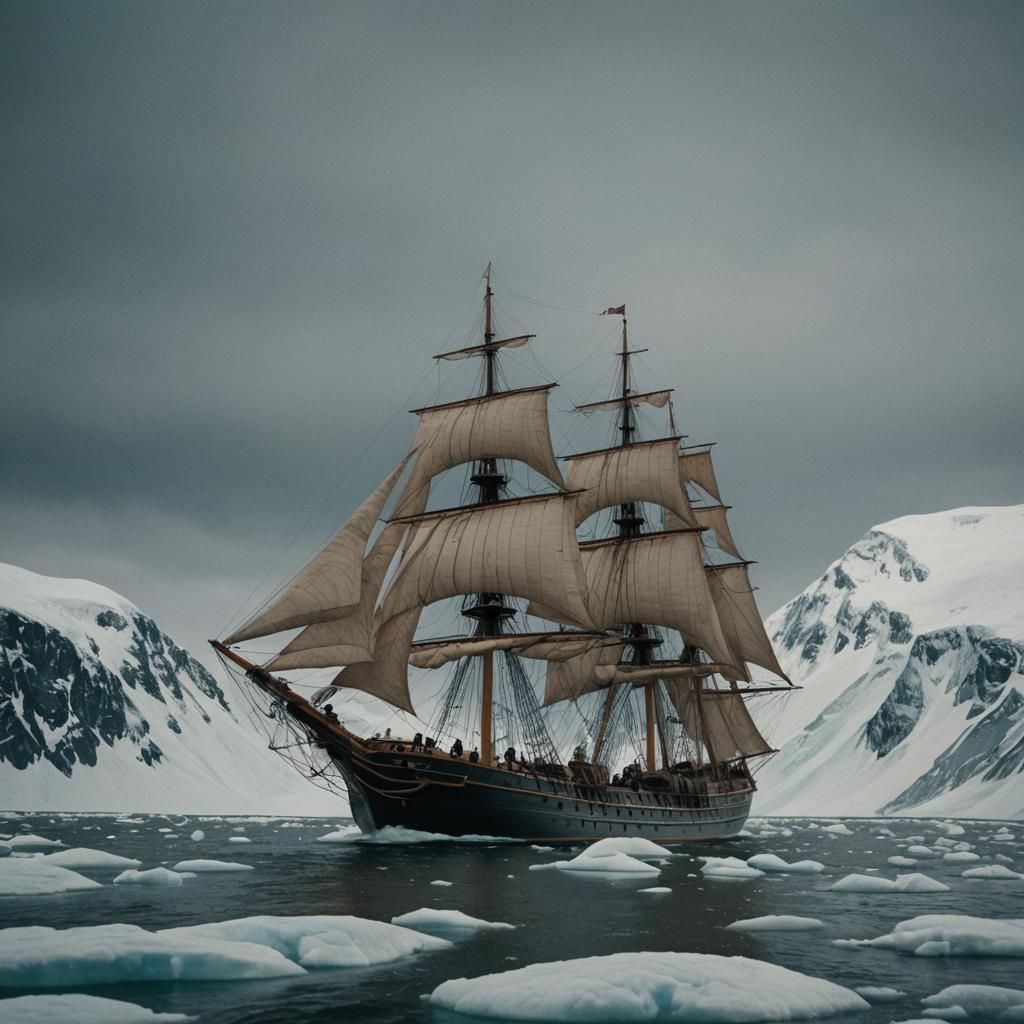 Victorian Sailing Ship in the Arctic: Cinematic Film Still