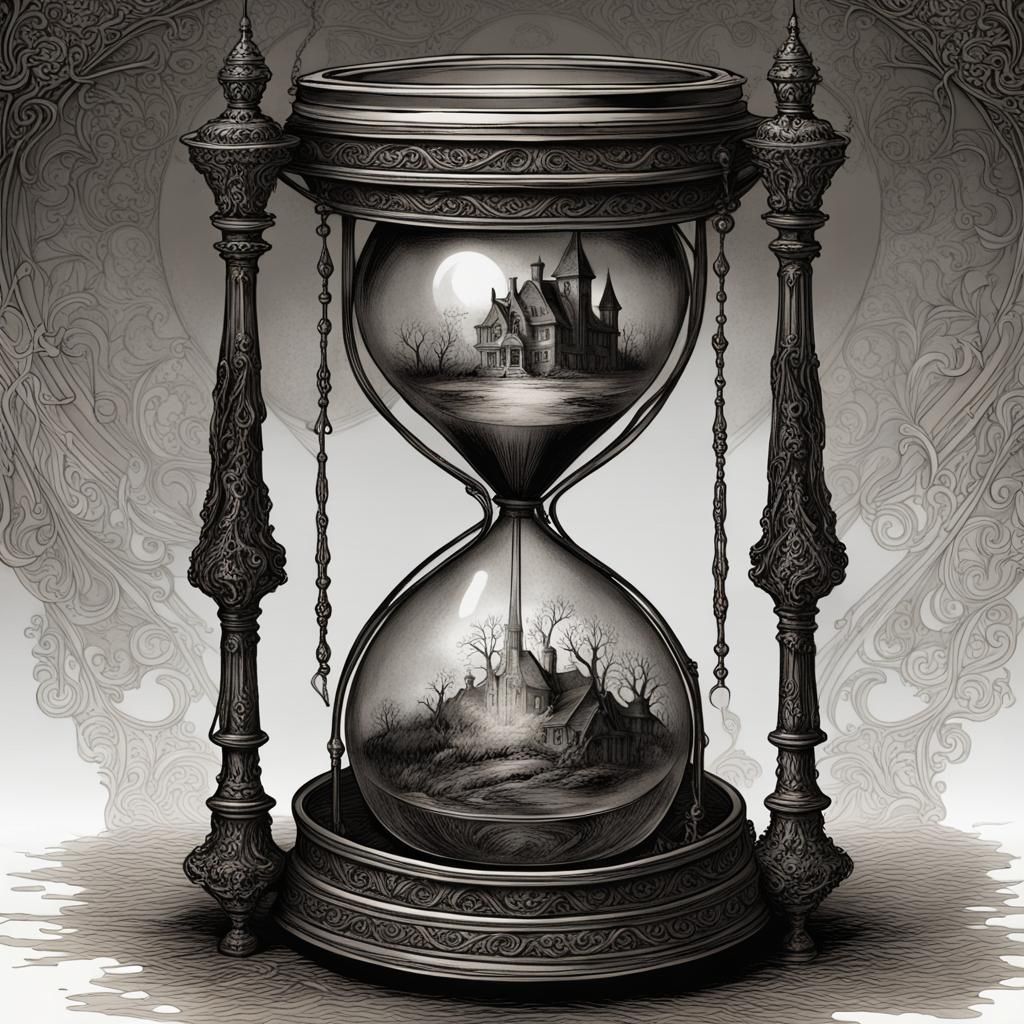 Gothic Witch Portrait with Hourglass in Filigree Line Art