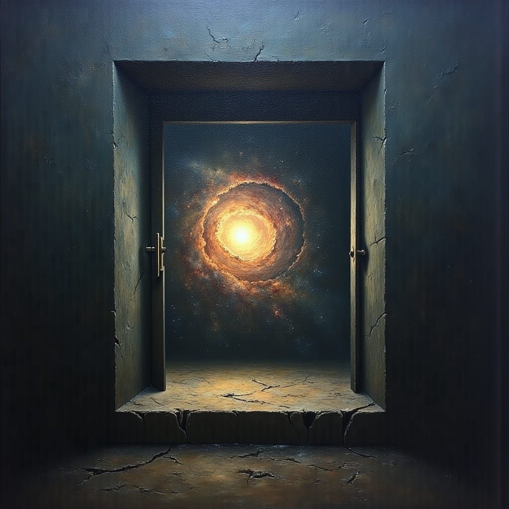 Floating Door Reveals Galaxy: Macabre Oil Painting