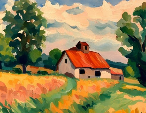 French Farm in Impressionist Gouache Style