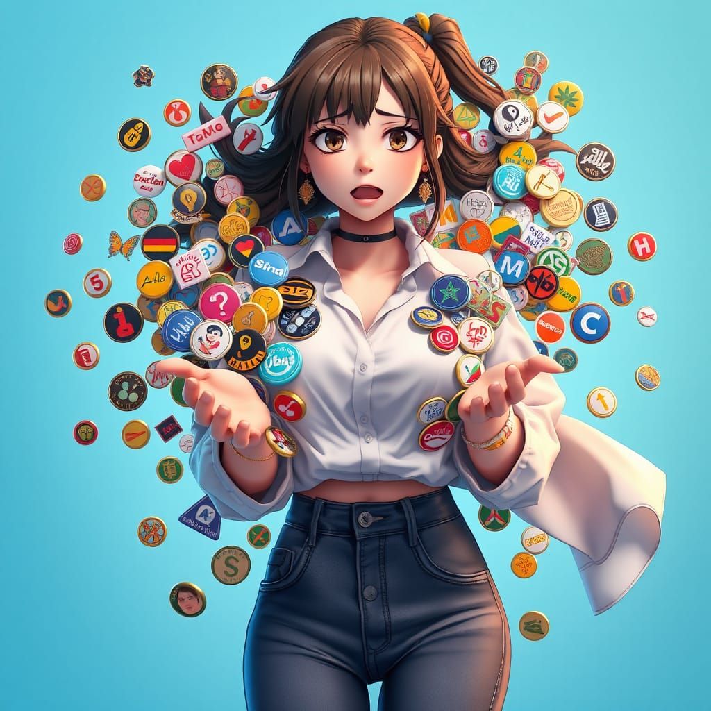 Overflowing Badges: A Woman's Frustration in Anime Style