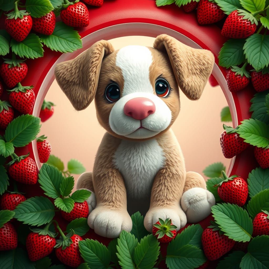 Adorable Plush Dog in Strawberry Frame, Digital Art