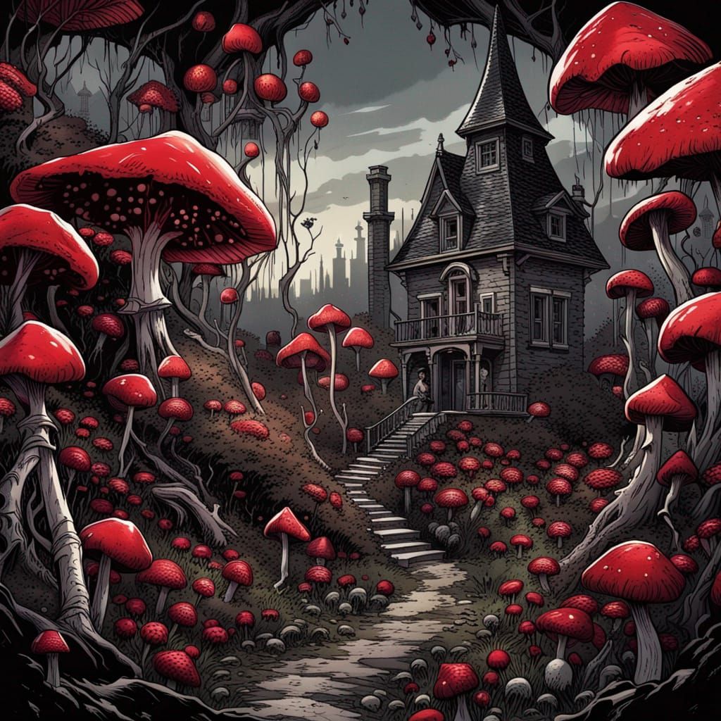 Gothic Victorian Rose Garden with Giant Mushrooms