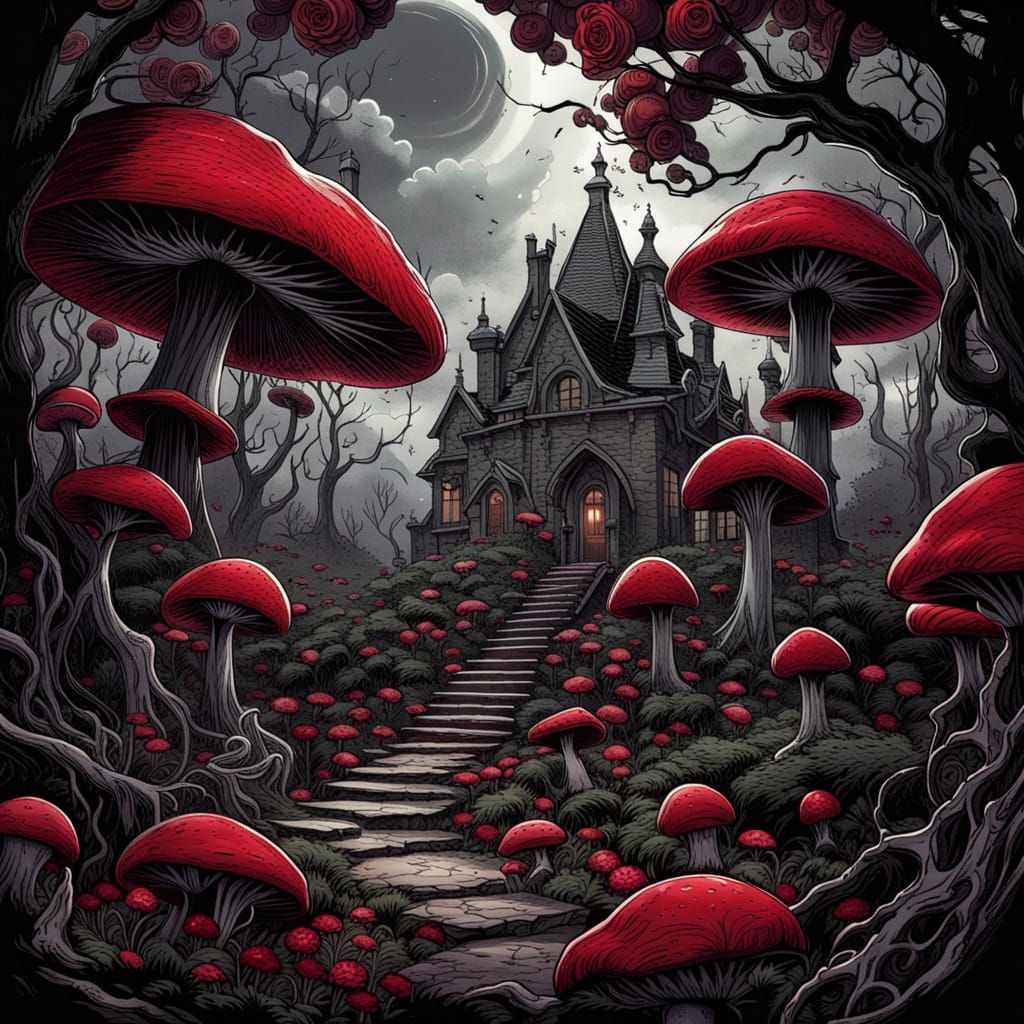 Gothic Victorian Garden with Crimson Roses