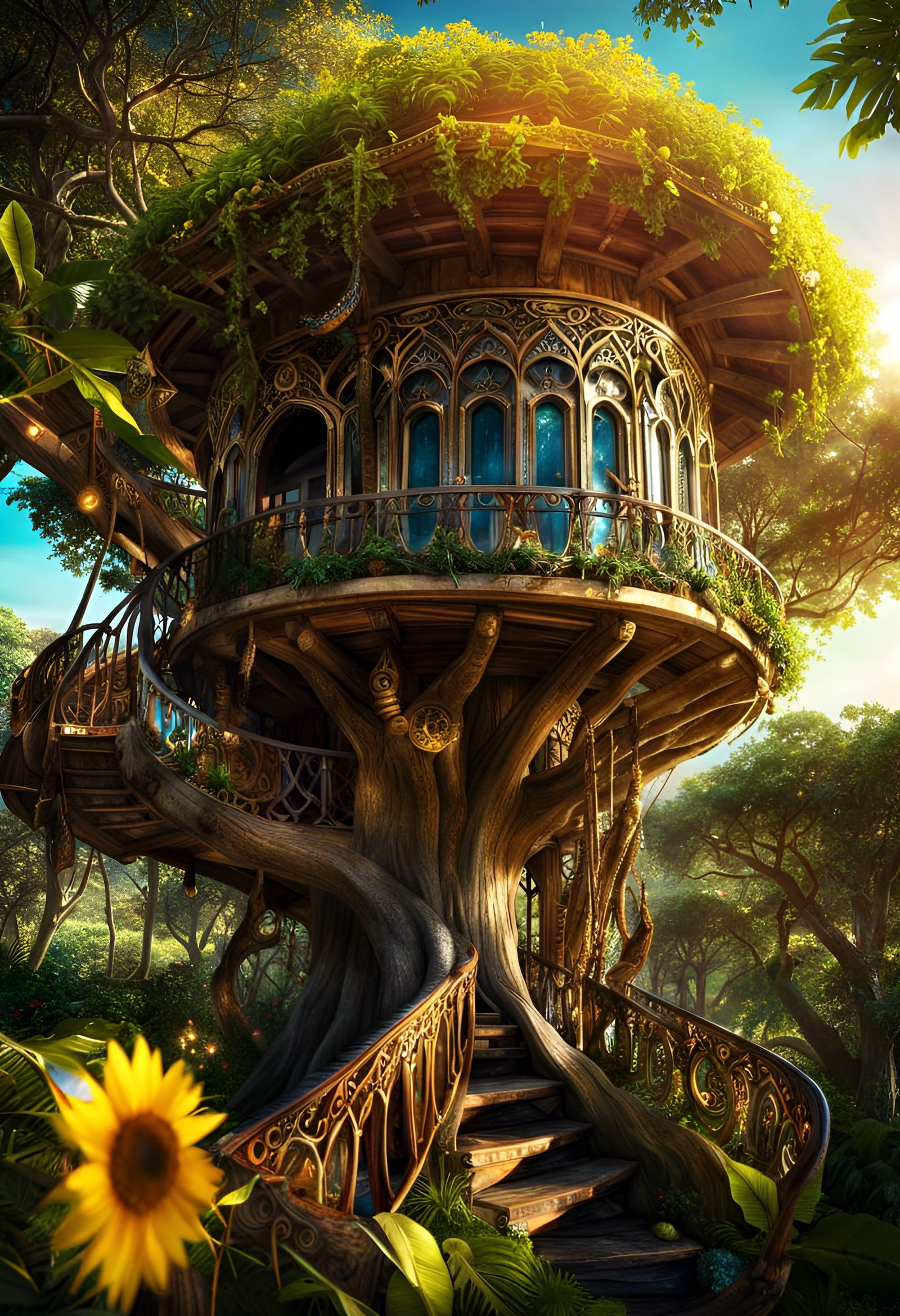 Magical Elven Treehouse with Stars, Hyperdetailed Illustrati...