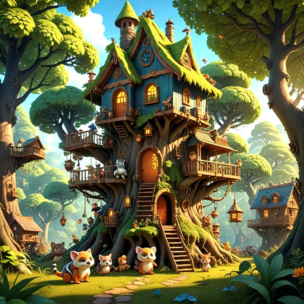 Whimsical Forest Creatures in a Beautiful Treehouse