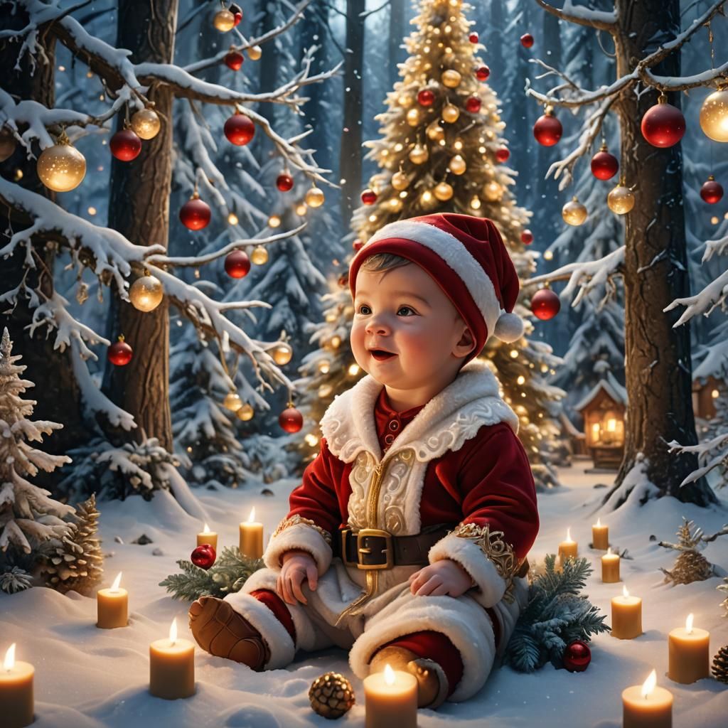 Baby in Snowy Forest with Ornaments