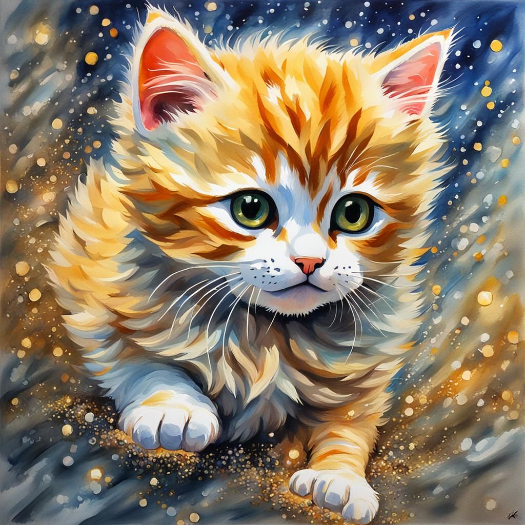 Luminous Kitten Made of Light and Smoke in Gouache Style