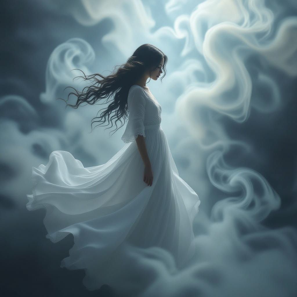 Ethereal Semitransparent Girl in Smoke