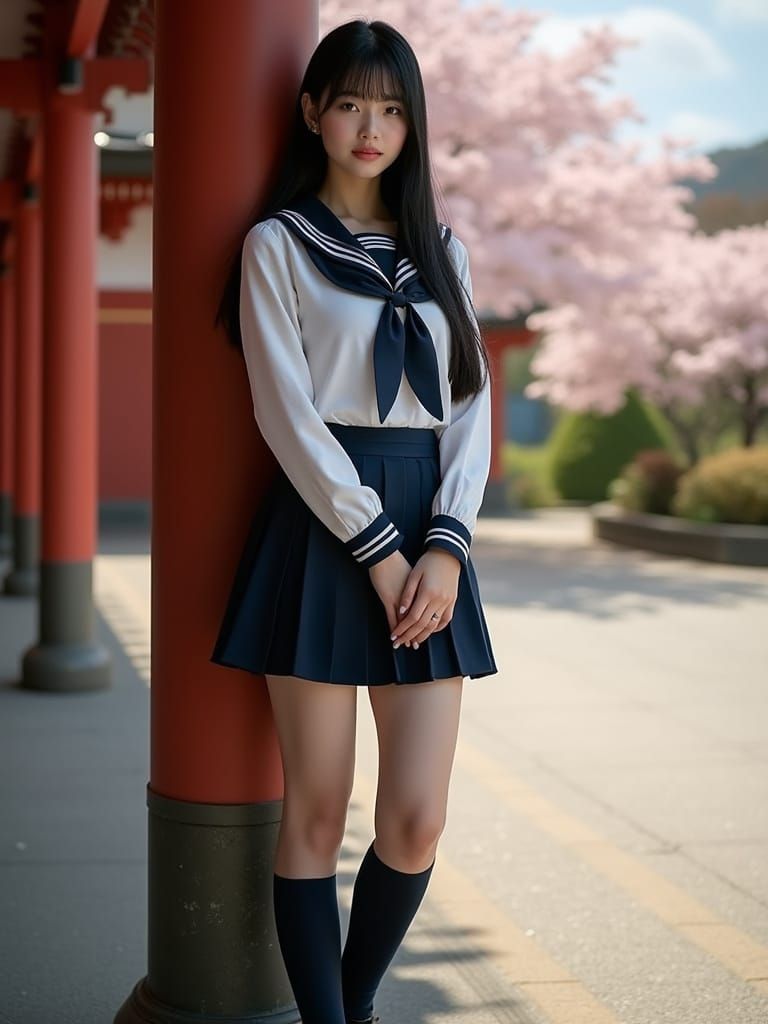 Kaori in Sailor Uniform at Shrine with Cherry Blossoms