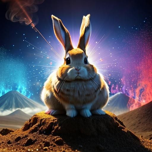 Whimsical Volcano Rabbit Portrait with Smoking Volcano