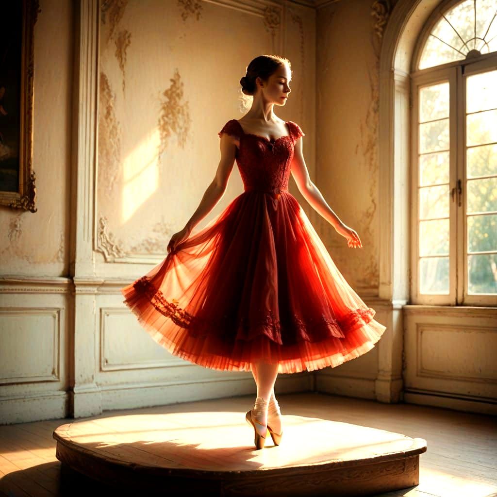 Ballerina in Red Dress in Victorian Garden