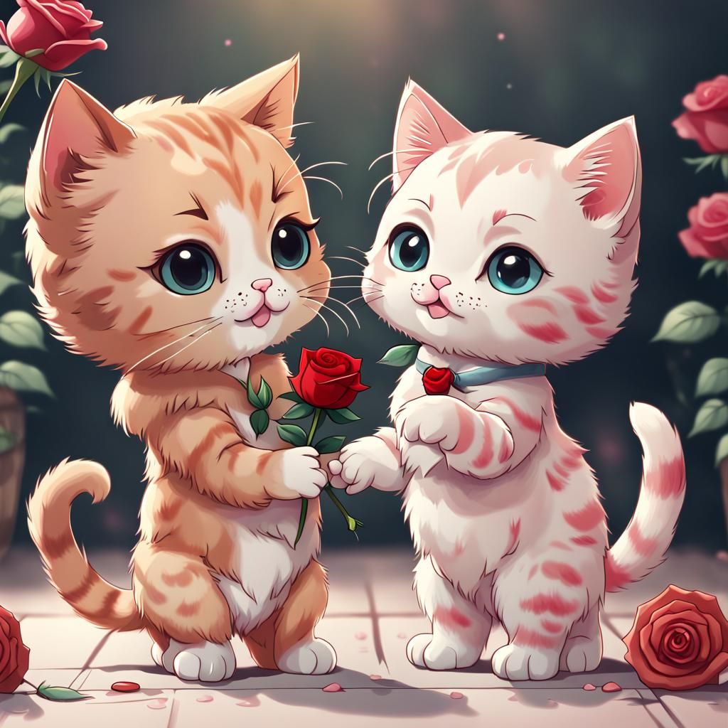 Chibi Cats Exchanging Roses in Cute Illustration
