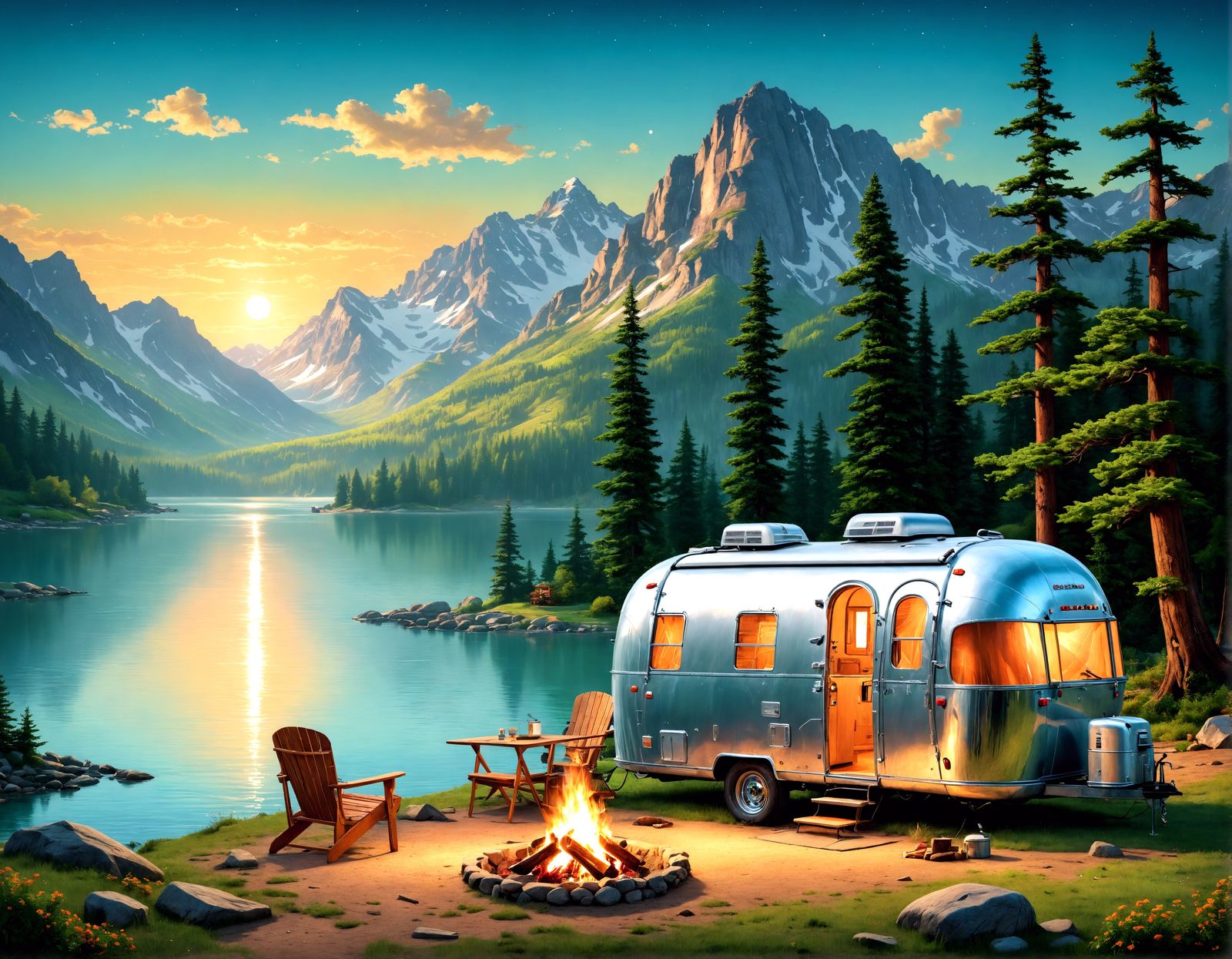 Vintage Airstream Lakeside Camping Scene