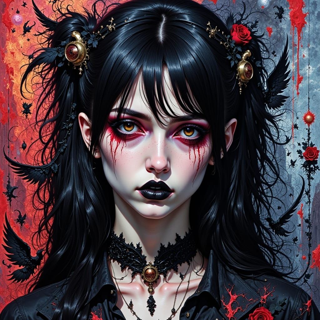 Tormented Goth Woman in Polychromatic Graffiti Art