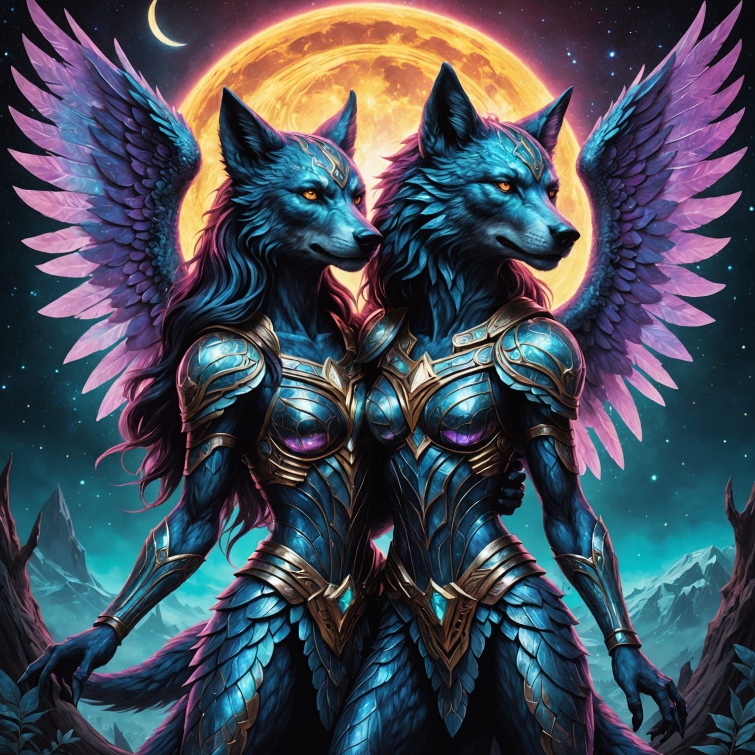 Winged Female Werewolf Warriors: Astral Illustration