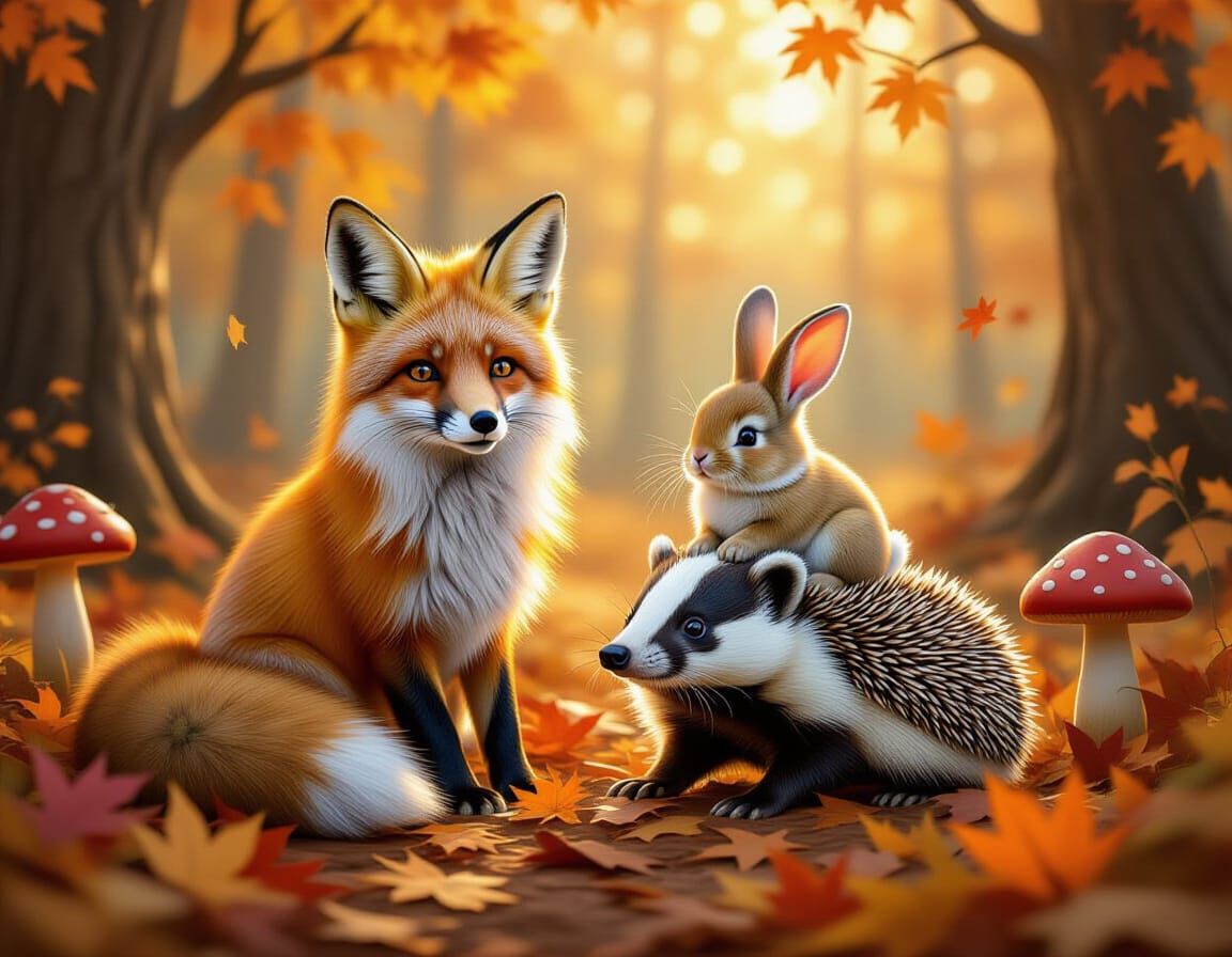Autumn Forest Friends: Fox, Bunny, Badger, Hedgehog In 3D Oi...