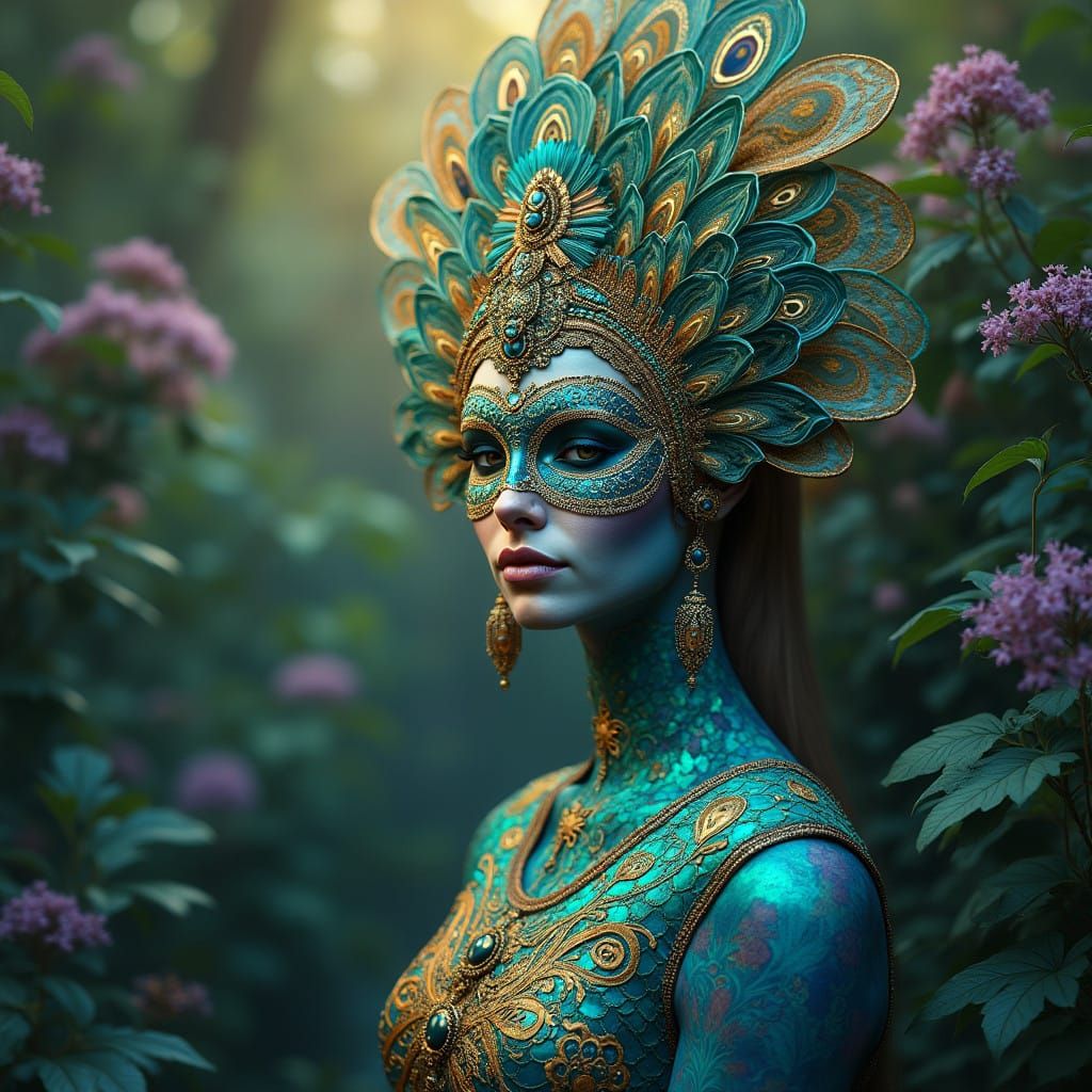 Regal Fantasy Goddess in Vibrant Peacock-Inspired Attire