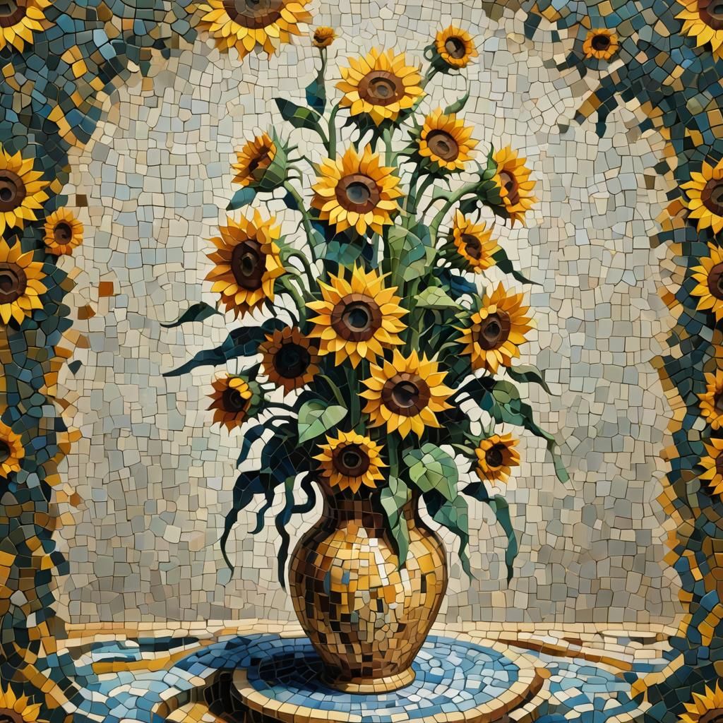 Surreal Pixel Art Sunflowers Mosaic in Dali Style