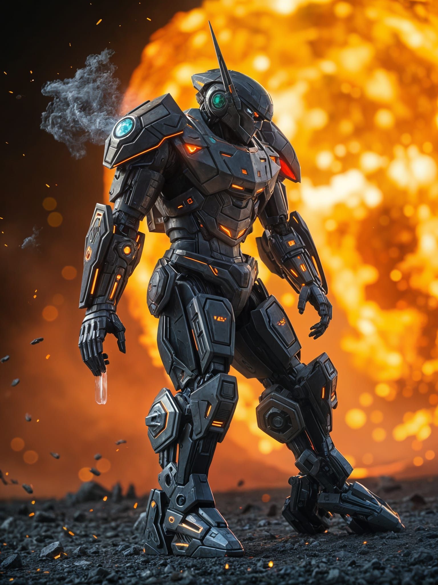 Anime Mecha in Attack Pose with Bokeh Explosion