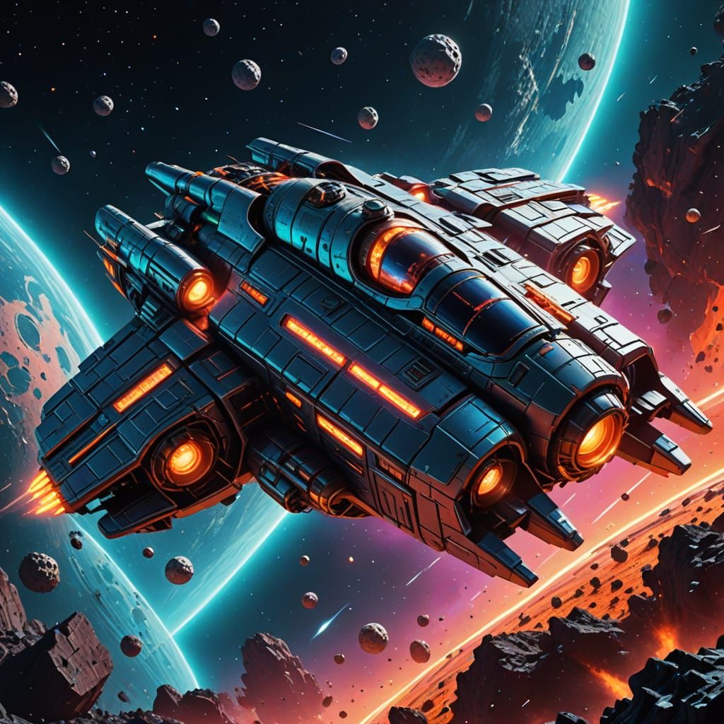 Retro Spaceship Blasts Through Neon Asteroid Field