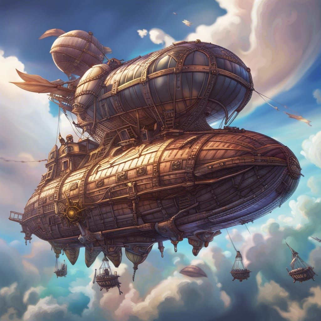 Mythical Airship Flying Through Colorful Skies