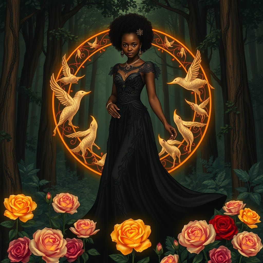 Black Woman Performing Magic in Art Nouveau Style