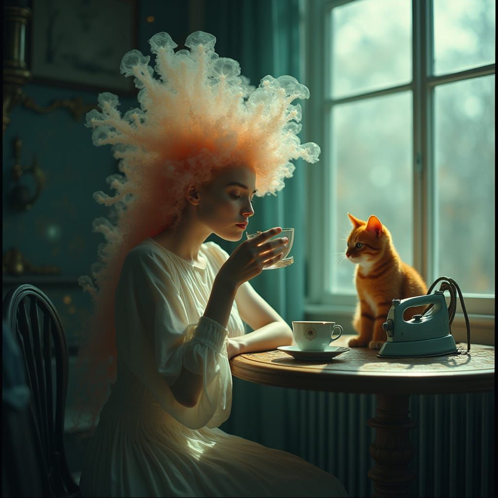 Surreal Woman with Jellyfish Hair Sips Tea, Irons Cat