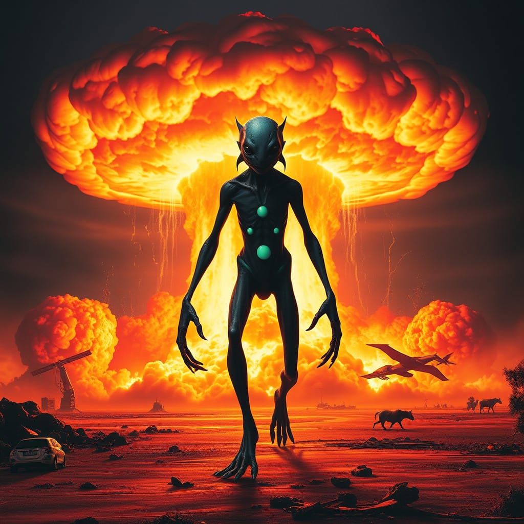 Surreal, Bioluminescent Alien Walks Calmly Through Nuclear E...