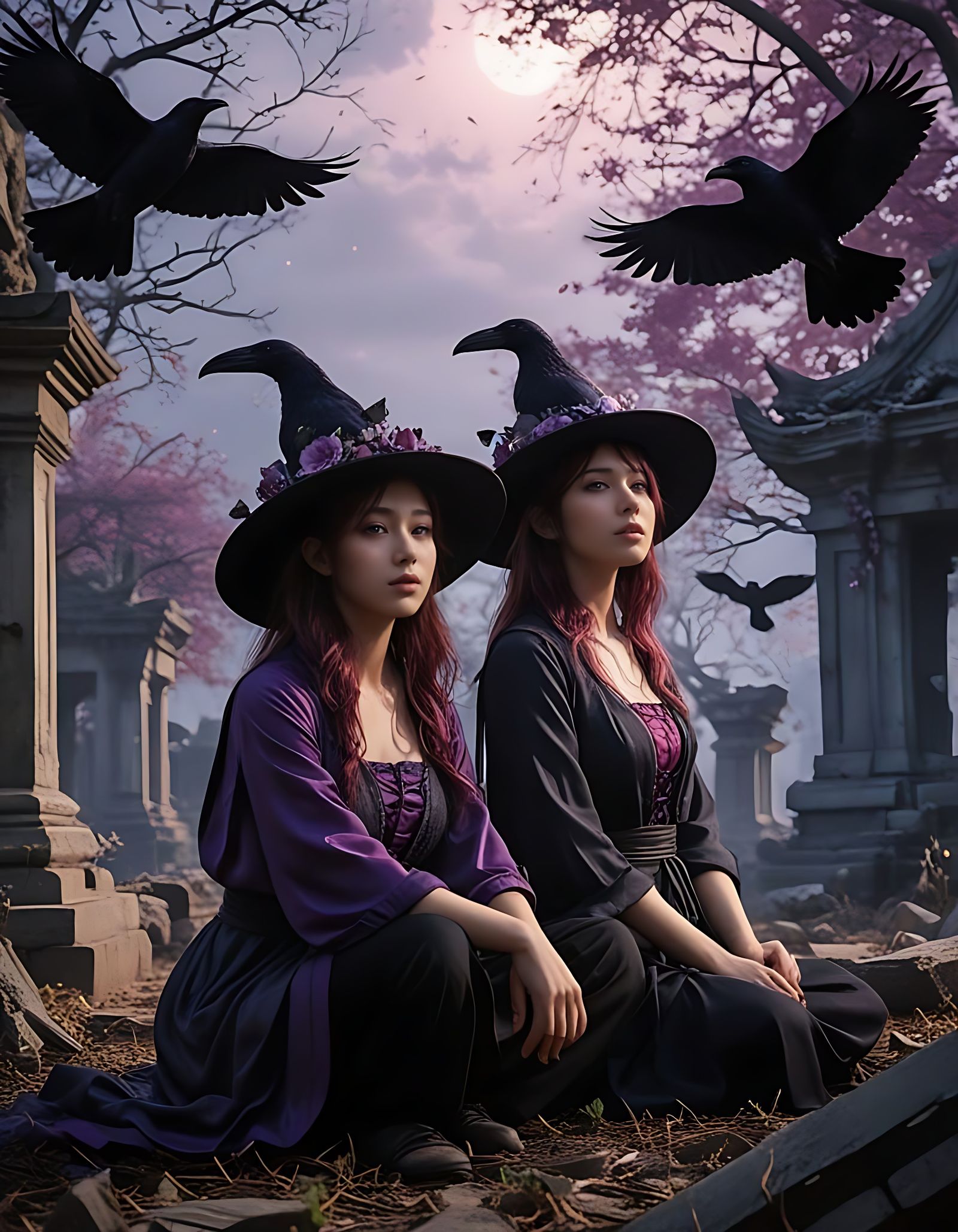 Two Girls in Ruined City at Dusk, Holding Flowers