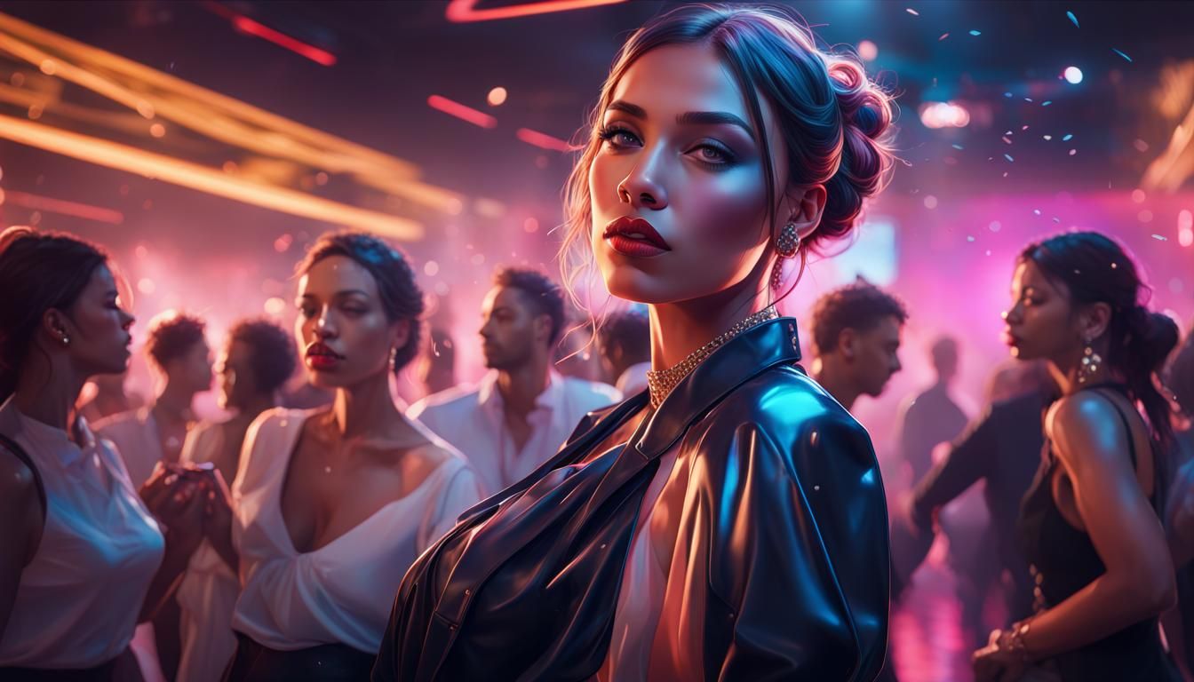 Lively Club Scene with Dancing Woman and Luxury Cars