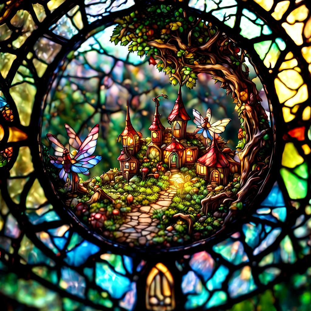 Enchanted Fairy Village Inside Stained Glass Apple