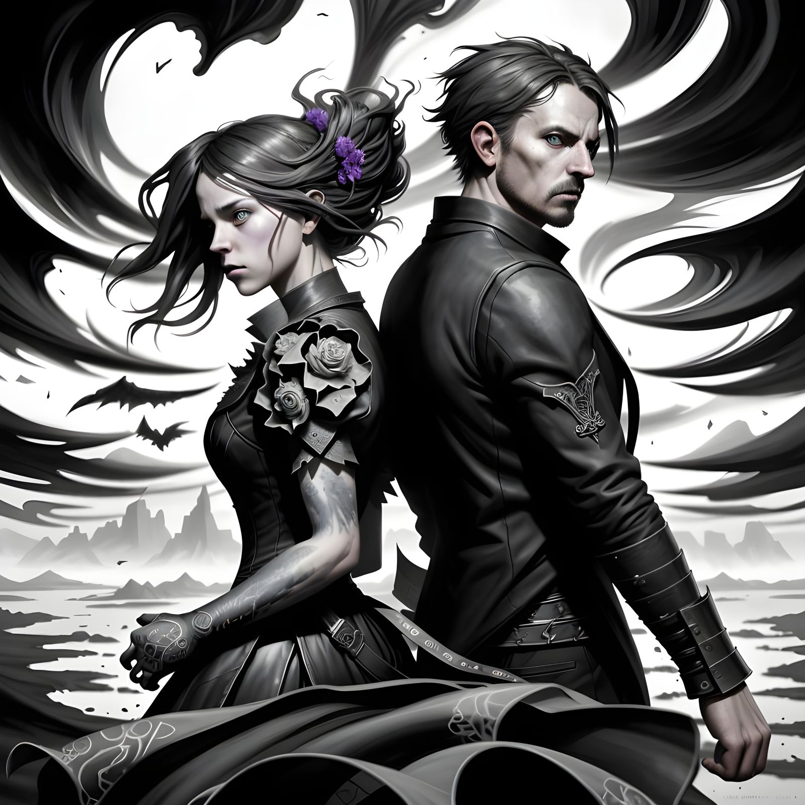 Monochromatic Gothic Art: Back-to-Back Figures in Desolation