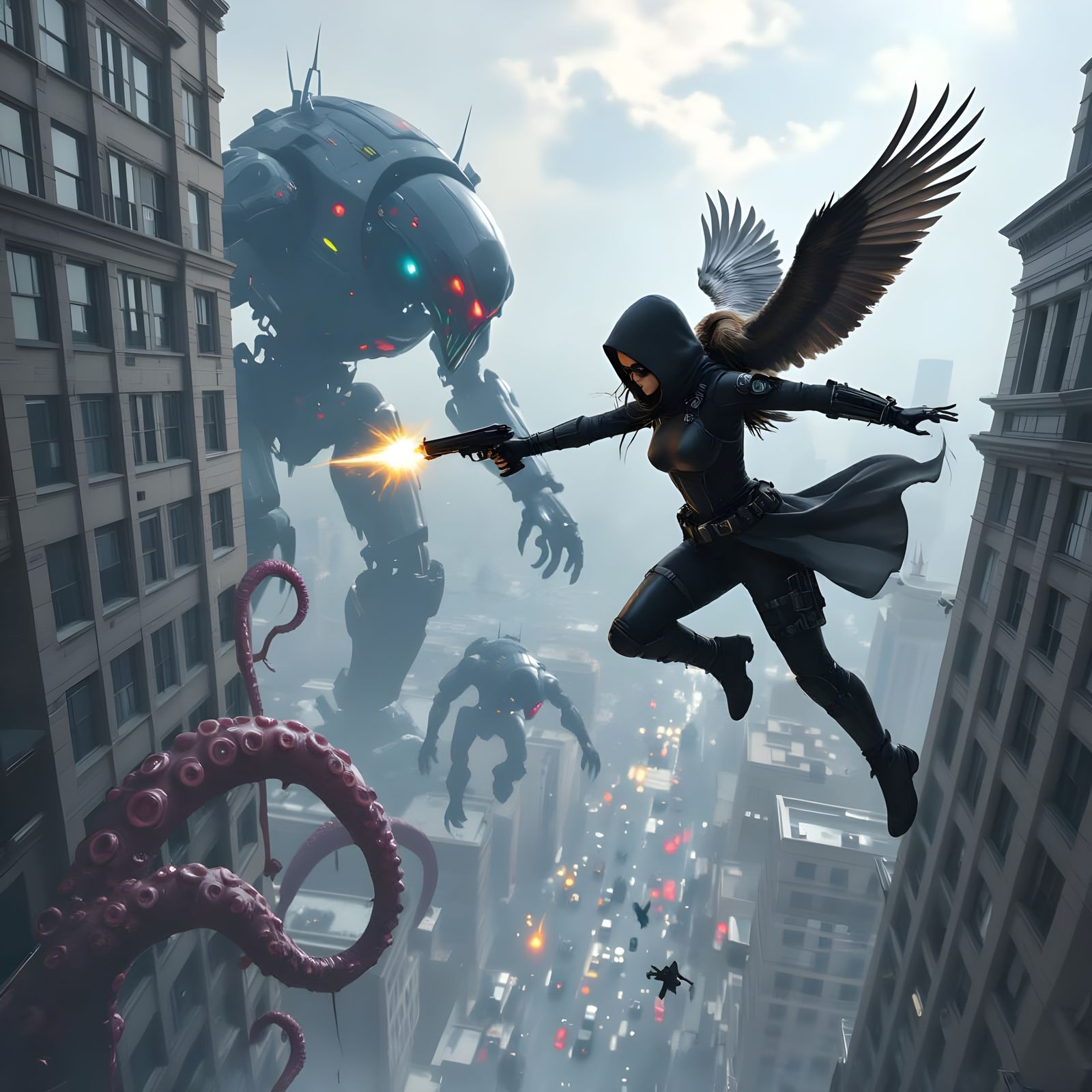 Assassin Leaping from Skyscraper with Robot Monsters