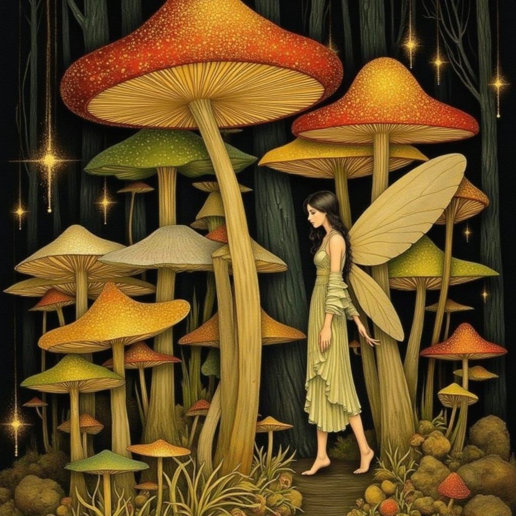 Surreal Fairy Amidst Whimsical Mushroom Forest in Art Nouvea...