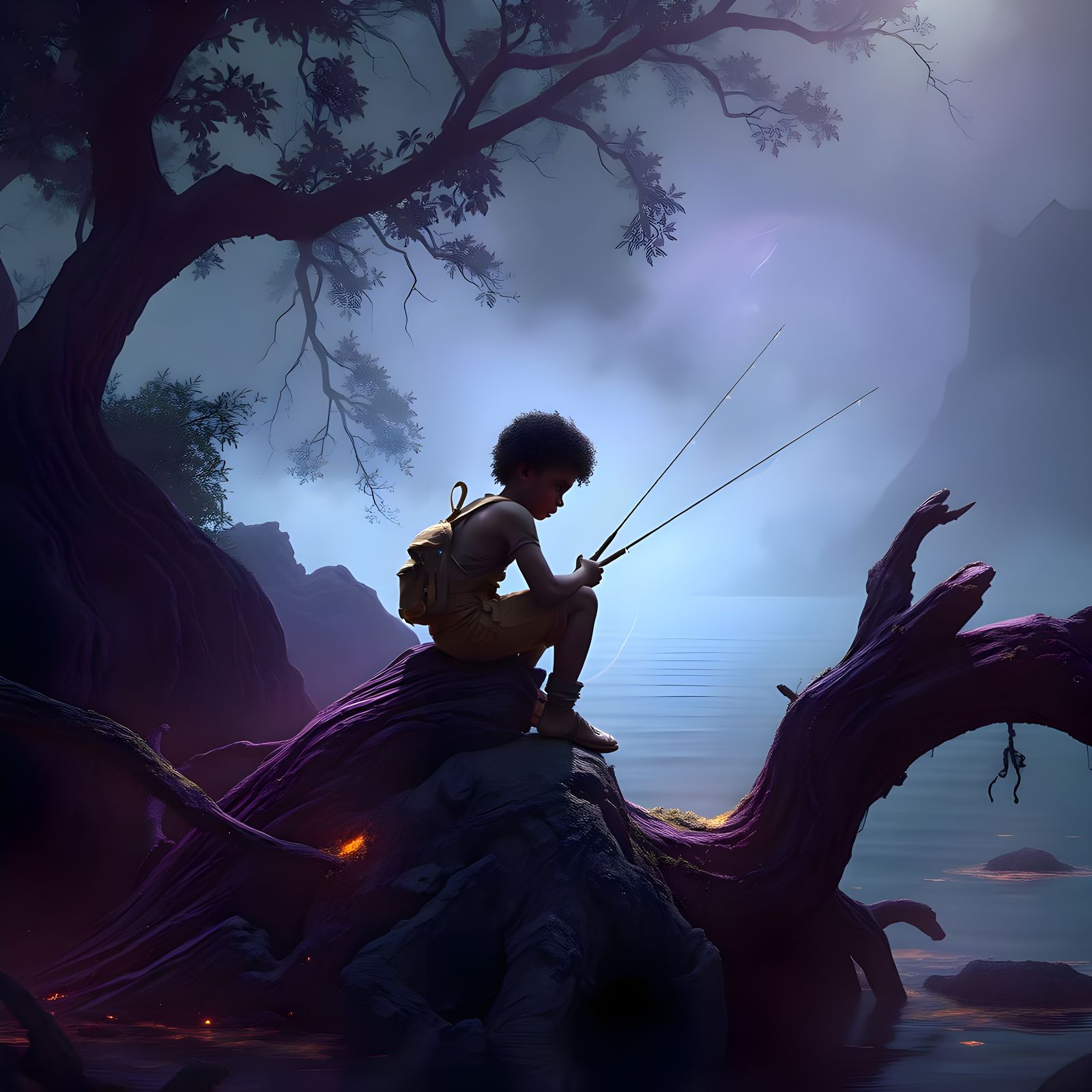 Dark Fantasy Fishermen in a Volcanic Lake Scene