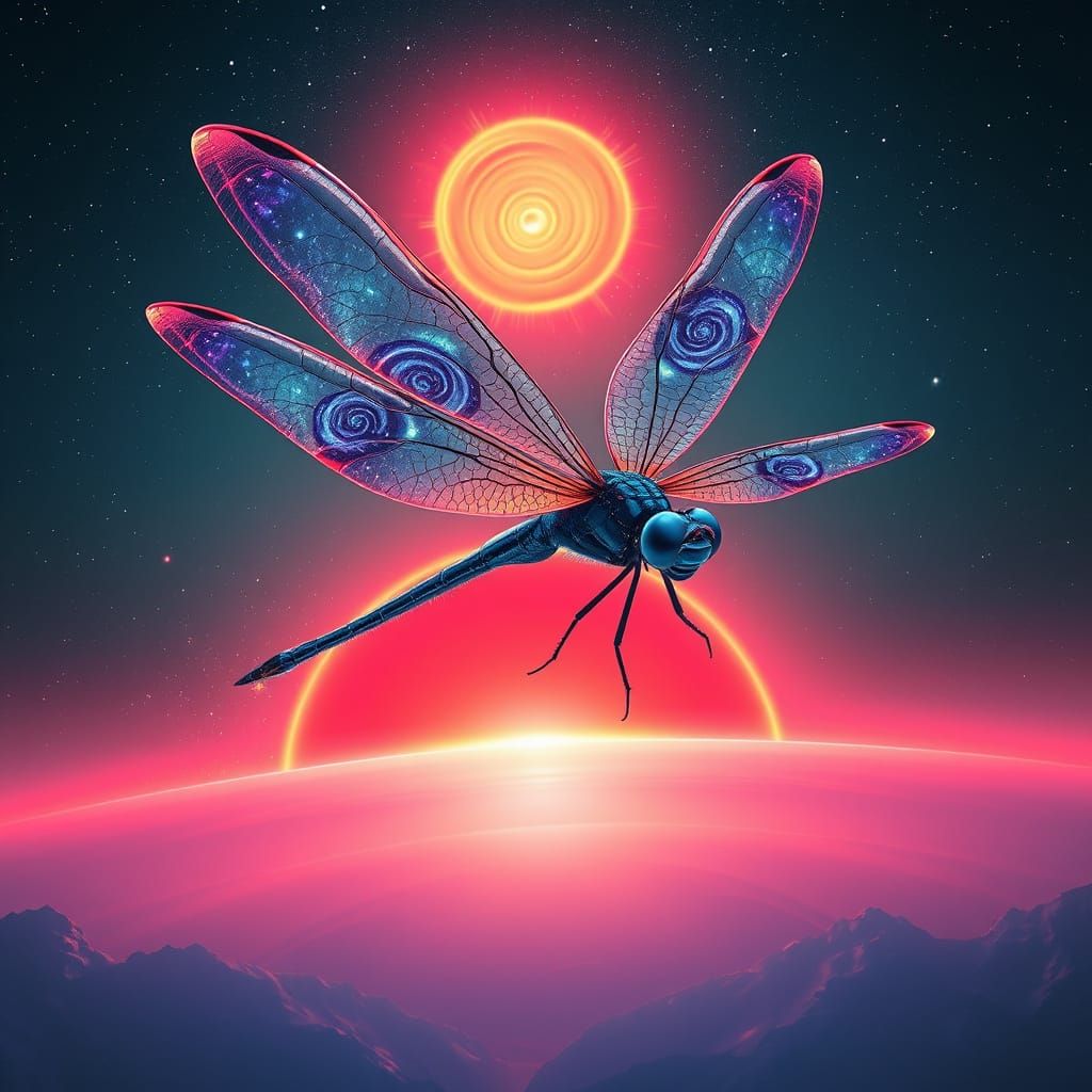 Dragonfly with Galaxy Wings in Synthwave Style