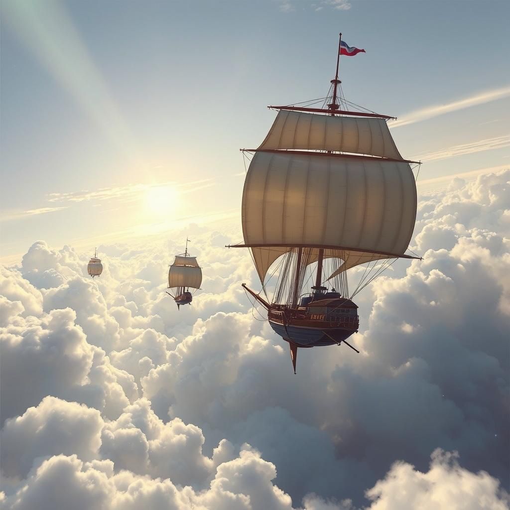 Ethereal Skybound Sailing Vessels in Radiant Sky