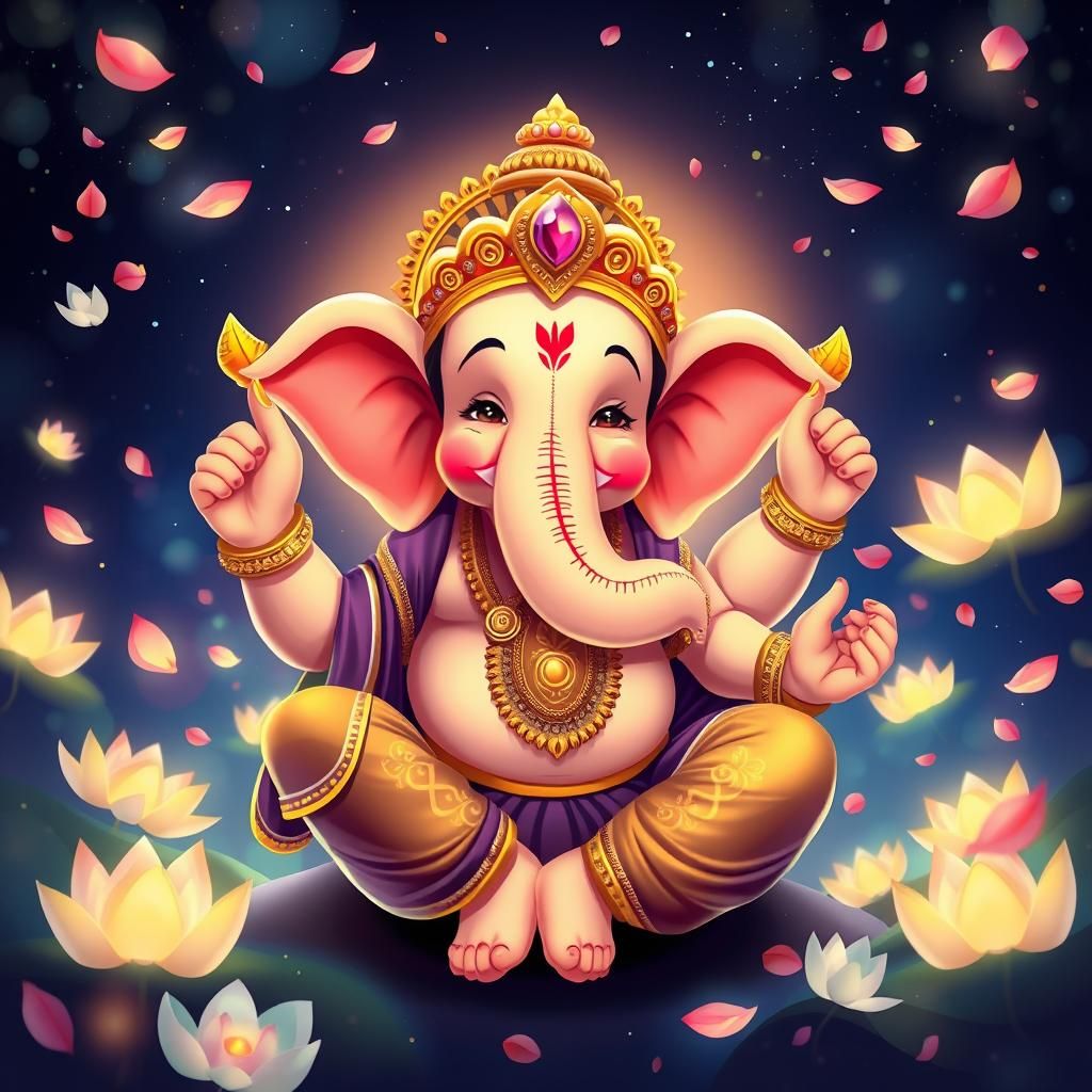 Joyful Ganesha in Mystical Night Scene: Digital Painting