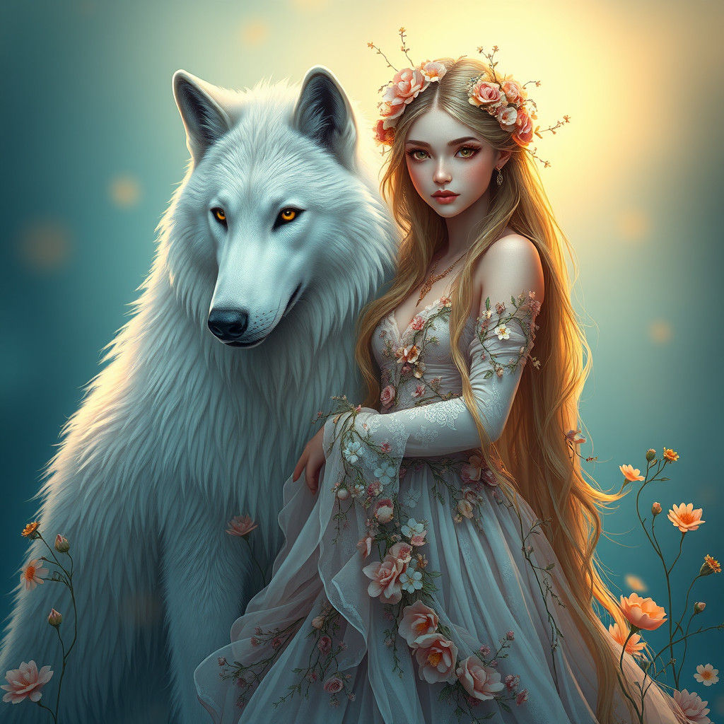 Ethereal Flower Girl and White Wolf Portrait