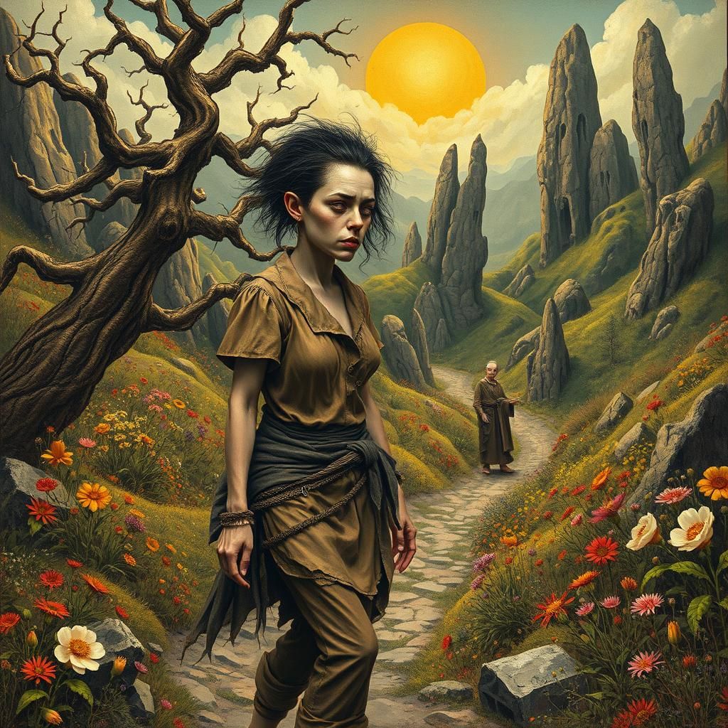 Surreal Woman in Dreamlike Valley, in Surrealist Style
