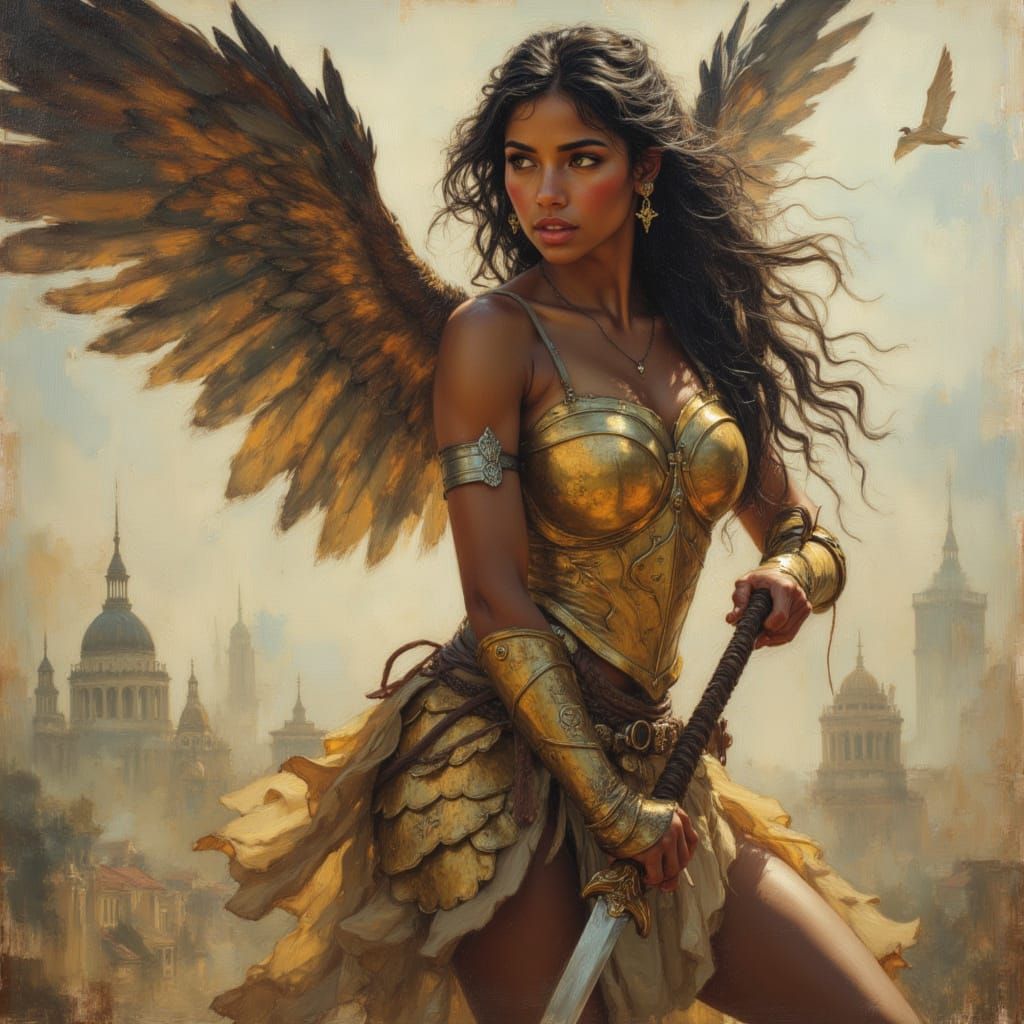 Winged Warrior Angel Fighting Demons in Cloud City