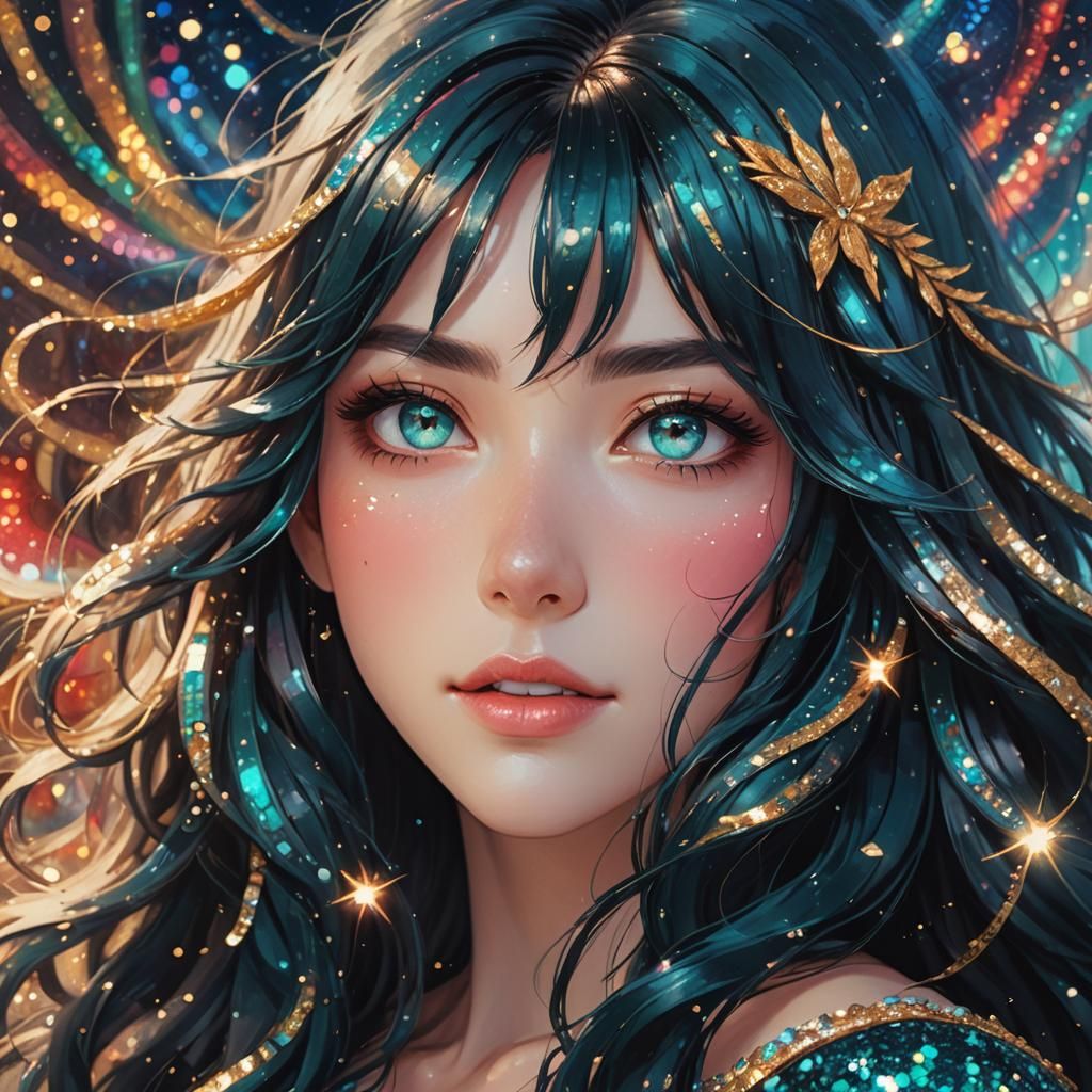 Anime Girl Portrait with Glittering Eyes in Oil Painting Sty...