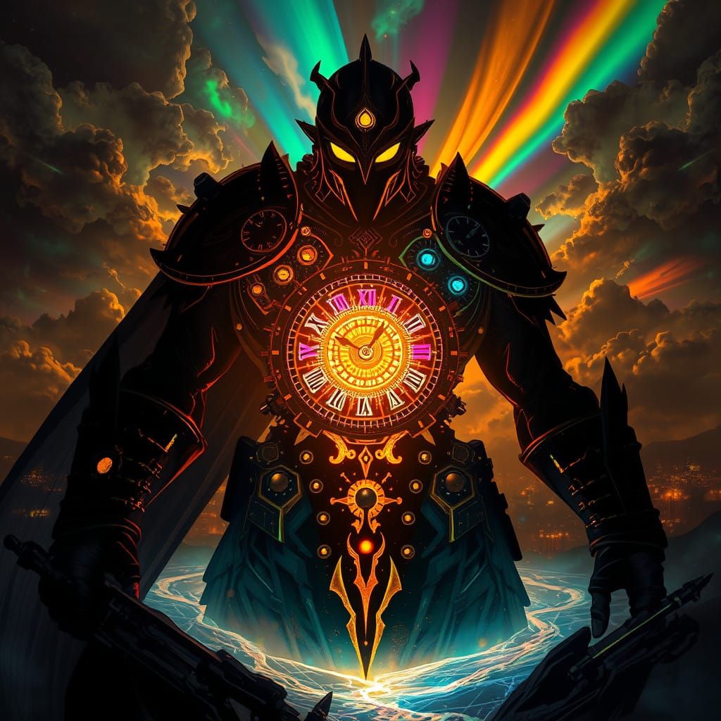 Surreal Steampunk Warrior in Chiaroscuro, with Swirling Irid...