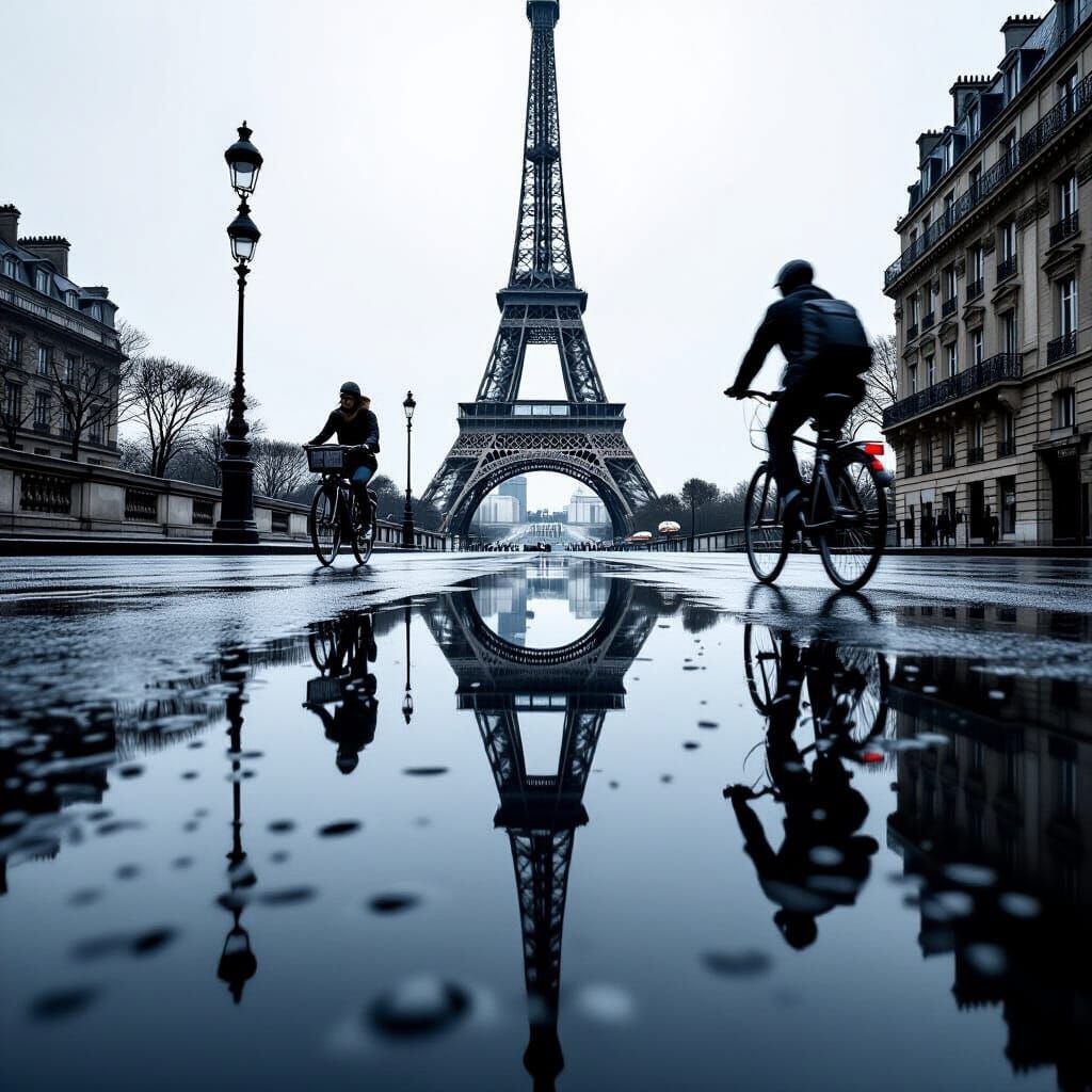 Rainy Paris Street with Eiffel Tower Reflection in Monochrom...
