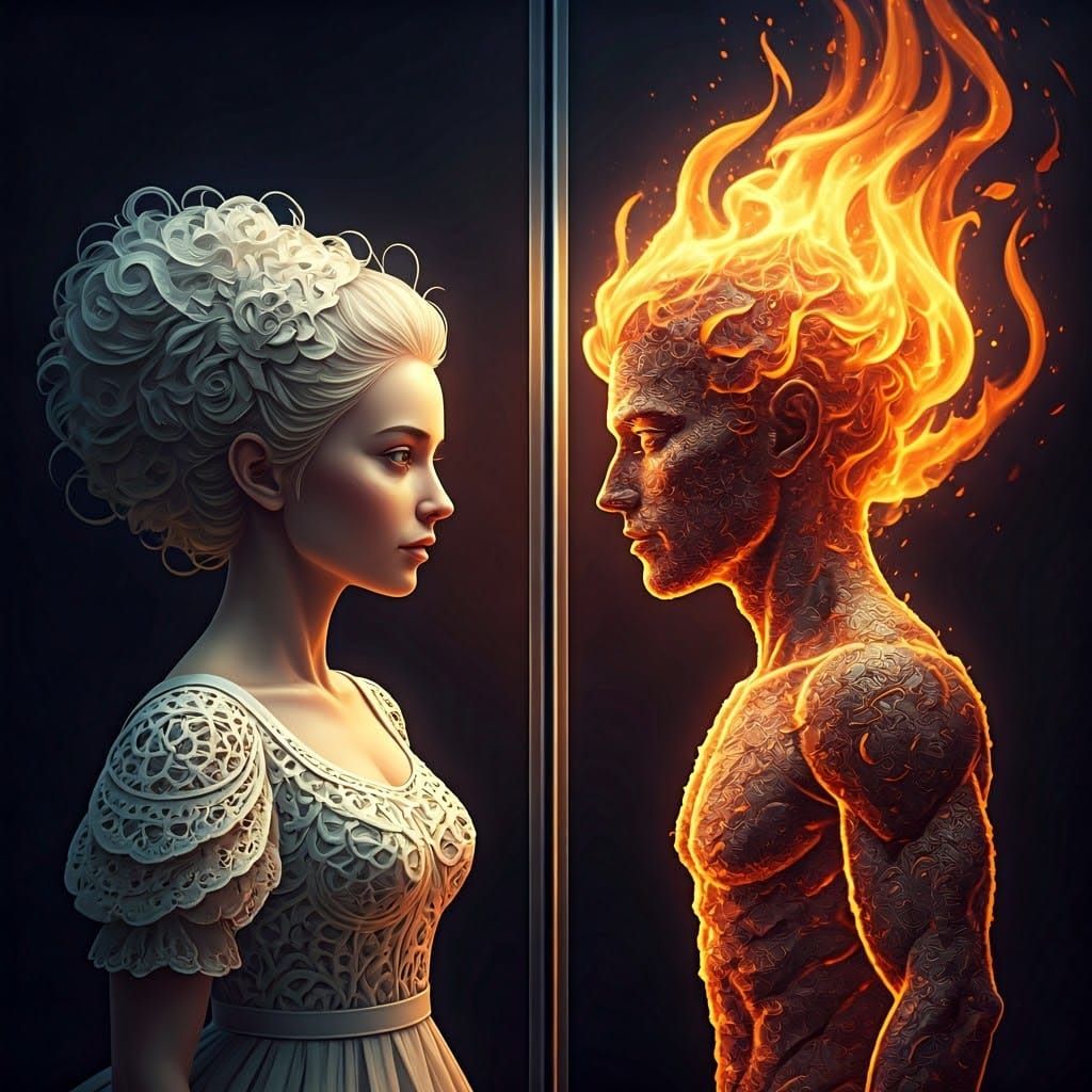Delicate Paper Woman and Flame Man Behind Glass
