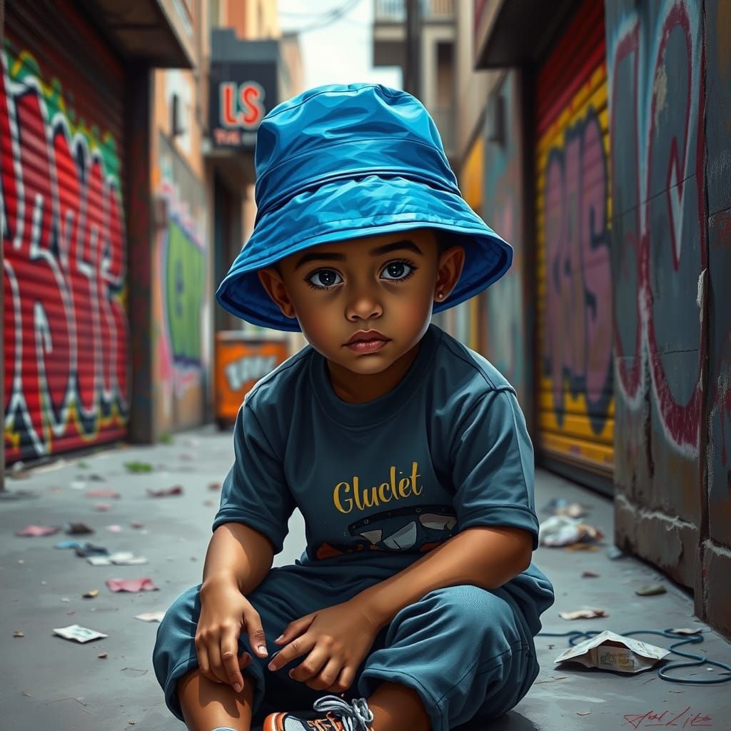 A little boy in a blue hat,